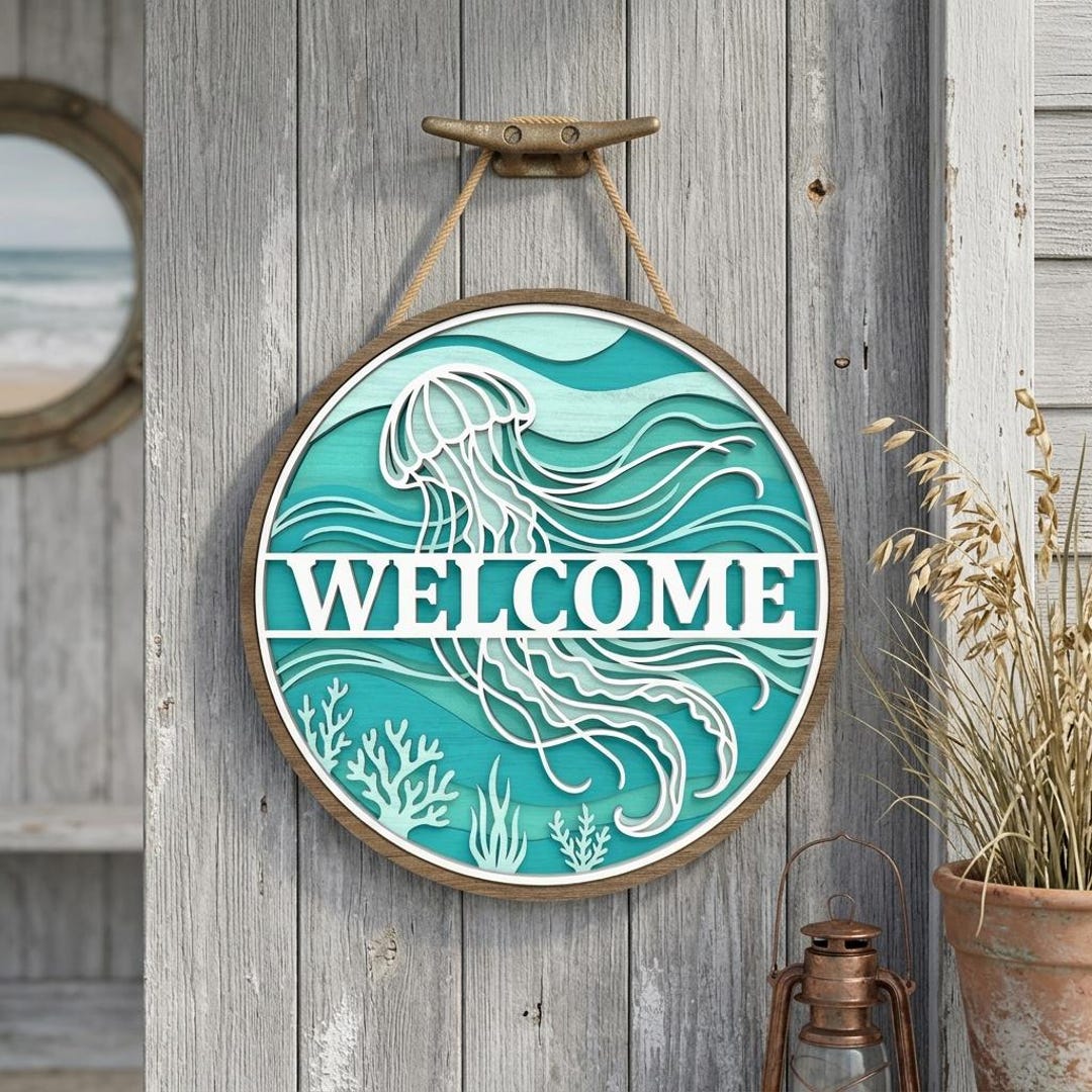 Jellyfish Welcome Door Hanger SVG, Coastal Ocean Layered Sign, Beach ...