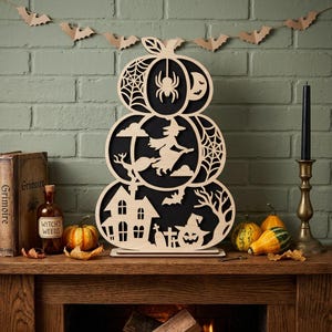 Halloween Pumpkin Stack SVG, Witch & Haunted House Decor, Spooky Laser Cut File, Wooden Halloween Display