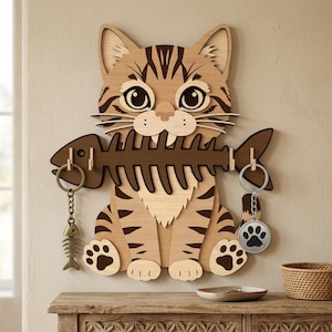 May include: A wooden cat key holder, light brown with dark brown stripes, holding a dark brown fish bone key rack. Two keychains hang from the fish, one a fish, the other a paw print. A decorative item for cat lovers.