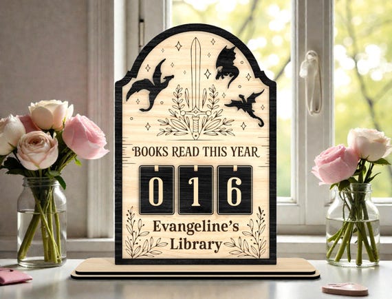 Dragon Book Tracker SVG, Fantasy Library Sign, Sword Reading Goal, Books Read Counter, Laser Cut File, Glowforge xTool Cricut, RPG Gift