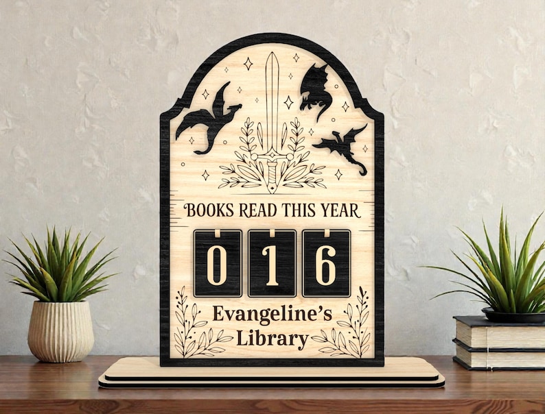 Dragon Book Tracker SVG, Fantasy Library Sign, Sword Reading Goal, Books Read Counter, Laser Cut File, Glowforge xTool Cricut, RPG Gift image 3