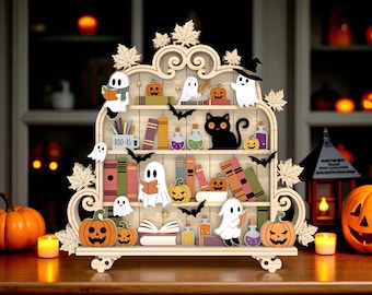 Halloween Ghost Bookshelf Stand Decor Svg, Cute Spooky BooRS  Laser Cut Svg, Bookish Ghost Layered Svg , Ghost Reading Svg, Glowforge Svg