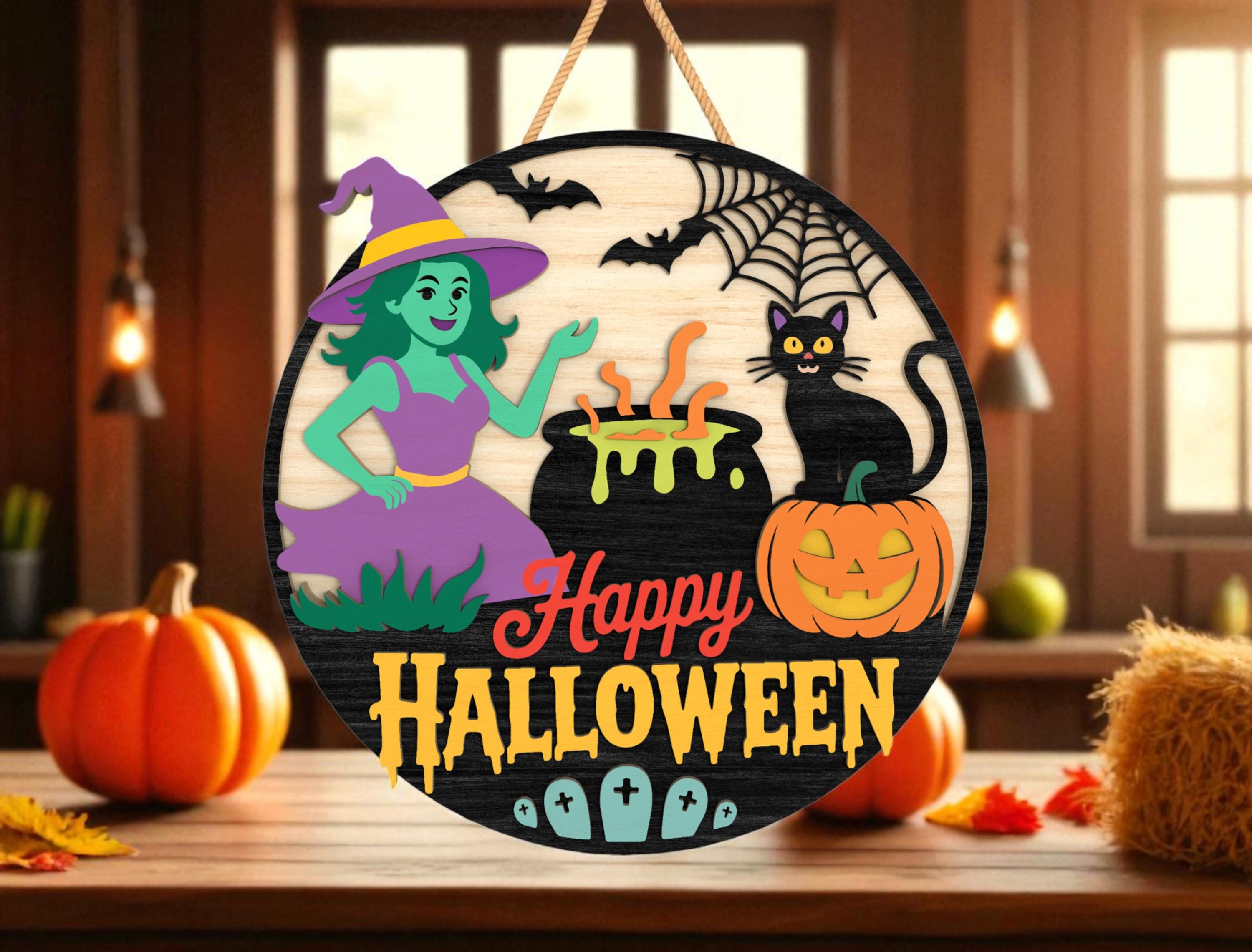 Happy Halloween Witch Door Hanger Svg, Halloween Door Sign Laser
