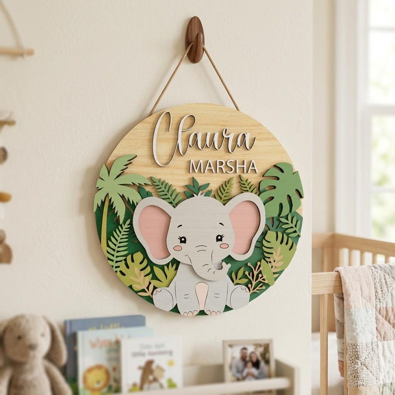 Personalized Elephant Nursery Sign SVG, Safari Baby Name Wall Decor ...
