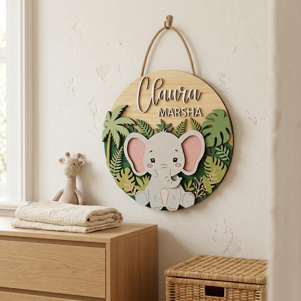 Personalized Elephant Nursery Sign SVG, Safari Baby Name Wall Decor ...