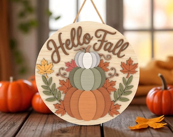 Hello Fall Door Hanger  Laser Cut File Svg, Autumn Pumpkin Sign Svg,Fall Porch Decoration Svg, Rustic Harvest Round Sign Svg, Glowforge File