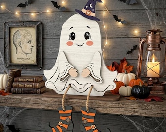 Ghost Shelf Sitter SVG, Cute Halloween Ghost Laser Cut File, Witch Hat Wooden Decor, Dangling Legs Glowforge xTool