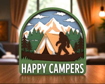 Happy Campers Shelf Sitter Svg,Camping Tent Laser Cut File, Outdoor Bigfoot Standing Svg, Mountain Camper Layered Cut File, Glowforge Files