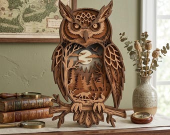 Owl Sign SVG, Layered Woodland Wildlife Scene, Forest Moon Landscape Decor, Rustic Cabin Nature Art for Glowforge & xTool