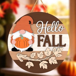 Rustic Farmhouse Door Hanger Cut File Svg, Gnome Hello Fall Wooden Sign Svg, Autumn Pumpkin Porch Wall Decor, Thanksgiving Home Decoration
