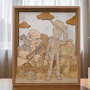 Skiktad tecknad skugglåda Svg, 3D-vänner leksaksfigurer, barnrum träljuslåda, laserskuren fil för Cricut, Glowforge svg-fil