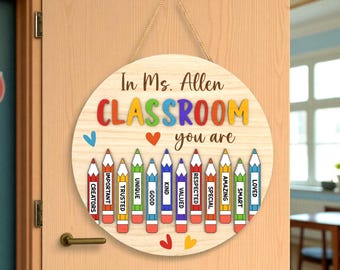 Klassenzimmer Willkommensschild SVG, Lehrer Türschild Laser geschnitten Datei, Zurück in der Schule Holz Bleistift Rund, Cricut Glowforge Design, Laserschnittdatei