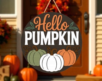 Hello Pumpkin Door Hanger Cut File Svg, Fall Porch Sign Svg,Rustic Farmhouse Pumpkin Sign Svg,Autumn Round Door Svg,Glowforge Laser Cut File