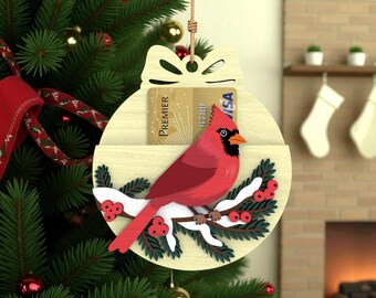 Cardinal Ornament Laser Cut File Svg,Cardinal Gift Card Holder Svg, Christmas Cardinal Svg, Layered Bird Ornament Svg, Winter Cardinal Decor