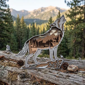 Puede incluir: Escultura de madera en capas de un lobo aullando, que muestra una detallada escena forestal dentro de su silueta. La obra de arte presenta un fondo de montañas, árboles y fauna, con una paleta de colores naturales de marrones y grises. La escultura se exhibe sobre un tronco desgastado.
