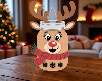 Rendier Mason Jar deur teken gesneden bestand SVG, kerst lasergesneden bestand, Rudolph Ornament Svg, vakantie deur Hanger, schattig winter decor gesneden bestand