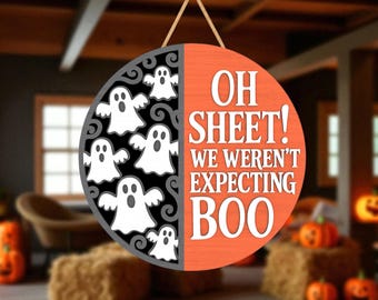 Colgador de puerta fantasma de Halloween (Svg), Letrero de "Buuu" divertido (Svg), Decoración de porche espeluznante (Svg), Letrero redondo de Halloween (Svg), Archivo de corte láser Glowforge