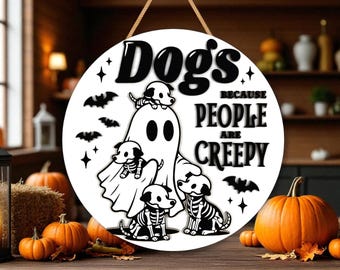 Znak psa na Halloween SVG, zabawny, drewniany, okrągły ornament z wizerunkiem ducha i szczeniaka, plik wycinany laserowo, upiorna dekoracja dla miłośnika zwierząt domowych do pobrania w wersji cyfrowej