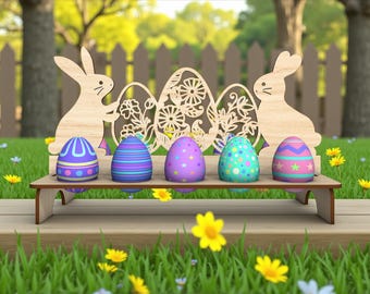 Porta huevos con forma de conejito floral SVG, soporte de Pascua de 5 ranuras, archivo de corte láser para letrero de cesta de conejo, Glowforge xTool Cricut, decoración de mesa de primavera, madera