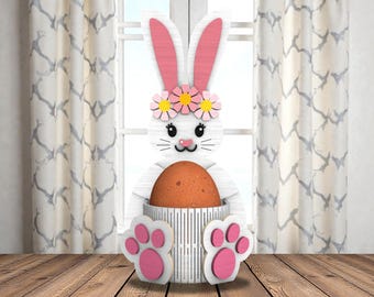 Soporte para huevos de Pascua con forma de conejito de flores SVG, soporte de madera para conejito, archivo cortado con láser, Glowforge xTool Cricut, decoración de mesa de primavera, soporte para dulces de Pascua para niños