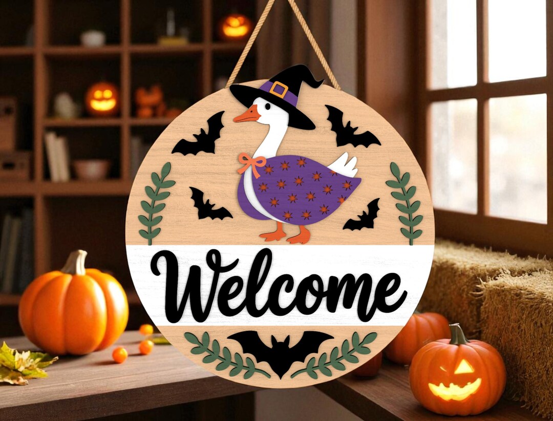 Halloween Door Hanger Laser Cut File Glowforge , Welcome Goose Witch ...