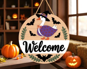 Halloween Door Hanger Laser Cut File Glowforge , Welcome Goose Witch Sign Svg, Cute Goose in Witch Hat Round Svg, Spooky Front Door Decor