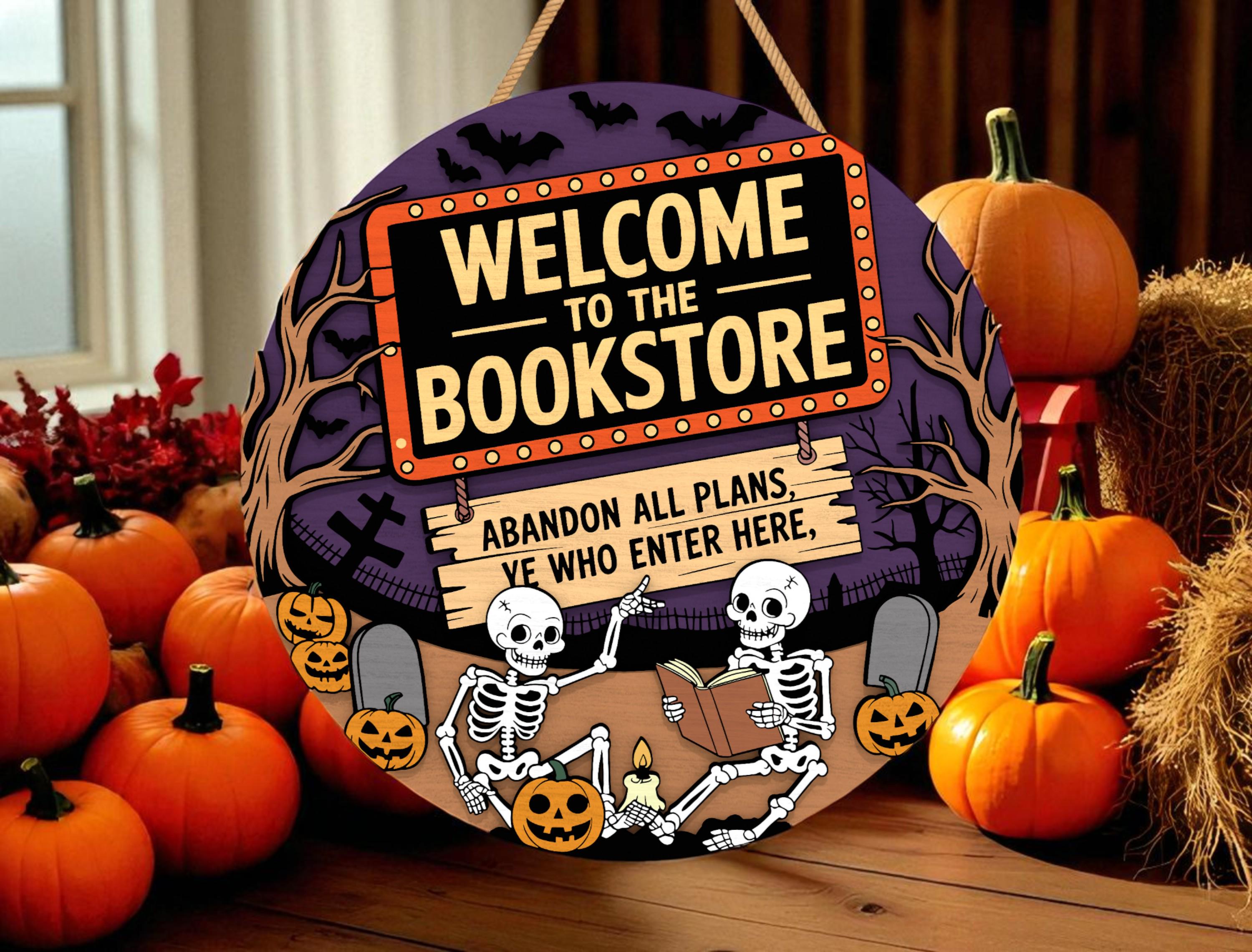 書店へようこそハロウィーンの看板SVG、面白いスケルトン読書看板