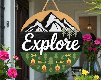 Explore Mountain SVG, Adventure Door Hanger Laser Cut File, Nature Wood Sign, Glowforge Camping Decor, Layered Wood Art, Outdoor Gift File