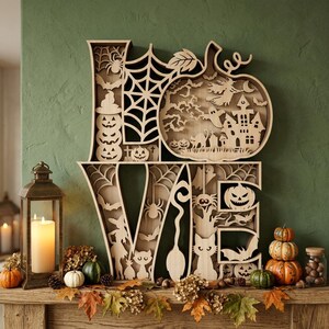 May include: A multi-layered wooden wall art piece spelling the word LOVE, featuring intricate laser-cut Halloween motifs including a spider web, a haunted house, bats, ghosts, cats, and jack-o'-lanterns within the letter shapes.