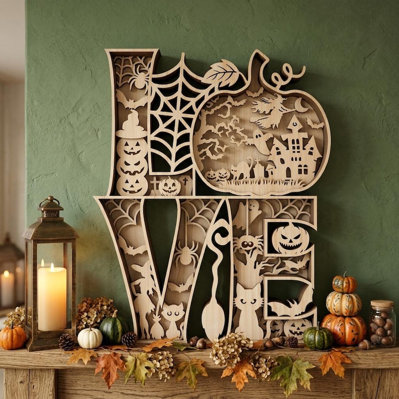 May include: A multi-layered wooden wall art piece spelling the word LOVE, featuring intricate laser-cut Halloween motifs including a spider web, a haunted house, bats, ghosts, cats, and jack-o'-lanterns within the letter shapes.