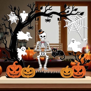 May include: Halloween decorations. A black tree with ghosts, spiders, and a web. A skeleton sits on a swing with a black cat. Orange jack-o'-lanterns and pumpkins create a spooky scene. Festive wooden decorations.