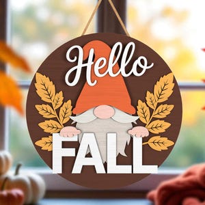 Hello Fall Gnome Door Hanger Svg, Autumn Gnome Sign Svg, Fall Porch Welcome Sign Svg, Rustic Pumpkin Season Decor, Glowforge Laser Cut File