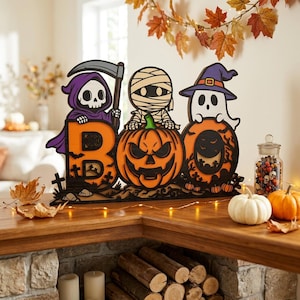 Halloween BOO flerskikts SVG, skelett häxa pumpa lager trädekor, kuslig höst bordsskiva laserskuren fil, Halloween hem