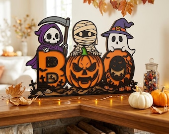 Halloween BOO Multilayer SVG, Skeleton Witch Pumpkin Layered Wood Decor, Spooky Fall Tabletop Laser Cut File, Halloween Home