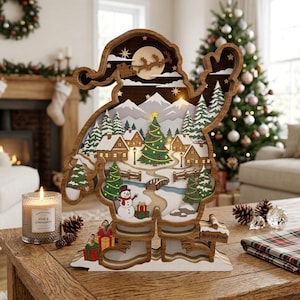 Puede incluir: Una decoración de madera multicapa con silueta de Papá Noel que presenta una escena de pueblo invernal iluminada con casas, un árbol de Navidad, un muñeco de nieve y un puente. Un letrero que dice North Pole está fijado a la base junto a regalos.