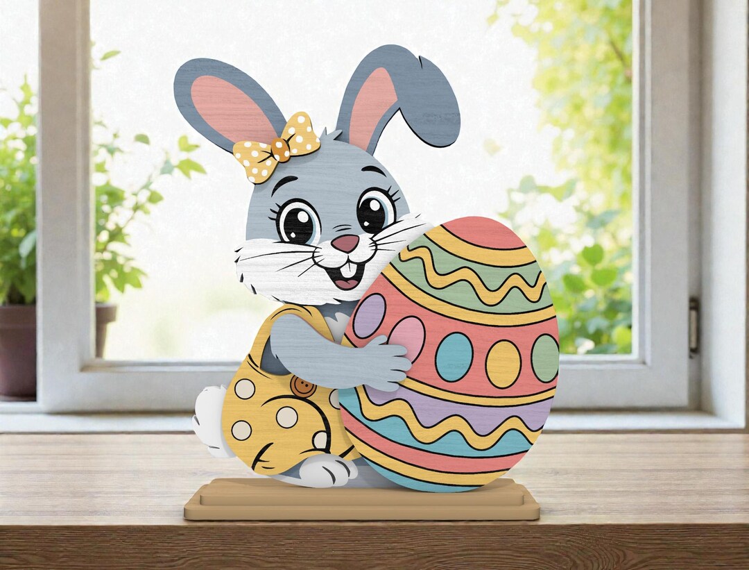 Easter Bunny Holding Egg Layered Wood SVG, Cute Rabbit Hugging Easter ...
