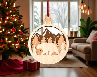 Adorno navideño de oso en formato SVG, adorno de bosque de montaña en capas, archivos rústicos de corte láser para bosque, archivo Glowforge para decoración navideña de madera en 3D