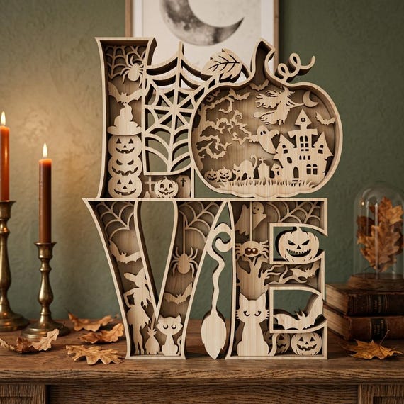 Halloween Love Wooden Sign Multilayer, Spooky Witch Pumpkin Laser Cut File, Haunted House Halloween Decor