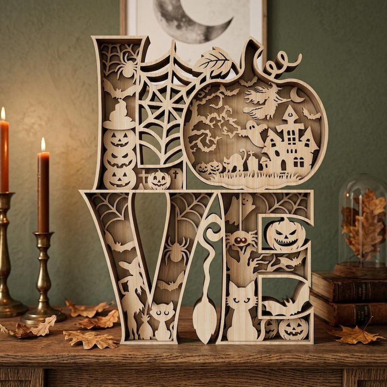 May include: A light-colored wooden decorative sign shaped like the word LOVE, featuring intricate laser-cut Halloween motifs including a haunted house, pumpkins, bats, spiders, webs, a witch, a cat, and a ghost within each letter's frame.