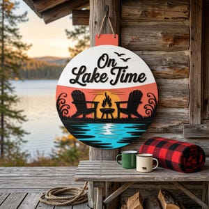 Può includere: Un cartello rotondo in legno con la scritta "On Lake Time" e una scena lacustre con sedie Adirondack, un braciere e un tramonto. Il cartello è appeso a un palo di legno. Due tazze e una coperta a quadri rossa e nera sono su un tavolo di legno.