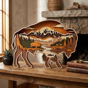 May include: A multi-layered wooden bison sculpture with a detailed landscape scene. The artwork features a river, trees, mountains, and wildlife in shades of brown, orange, and green. The sculpture is displayed on a wooden table.