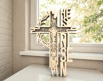 He Is Risen Word Cross Laser Cut File SVG, Jesus Resurrection Scene Svg, Empty Tomb,  Glowforge xTool Cricut, Easter Decor, 3D Layered Wood