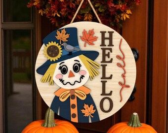 Scarecrow Hello Sign Svg, Fall Door Hanger Svg, Autumn Porch Decoration Svg, Cute Farmhouse Welcome Round Svg, Glowforge Laser Cut File