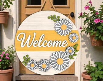 Daisy Welcome Round Sign  Laser Cut File Svg, Layered Floral Door Hanger Svg, Spring Summer Porch Decor, Glowforge Cricut xTool