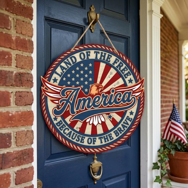 Land of the Free Because Door Hanger SVG, Patriotic America Round Sign ...