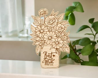 Standing Pot Flowers for Mom Cutfile Svg, Flower Bouquet with Stand SVG,Happy Mother’s Day Svg ,Engraved Florals Mother’s Day,Glowforge File