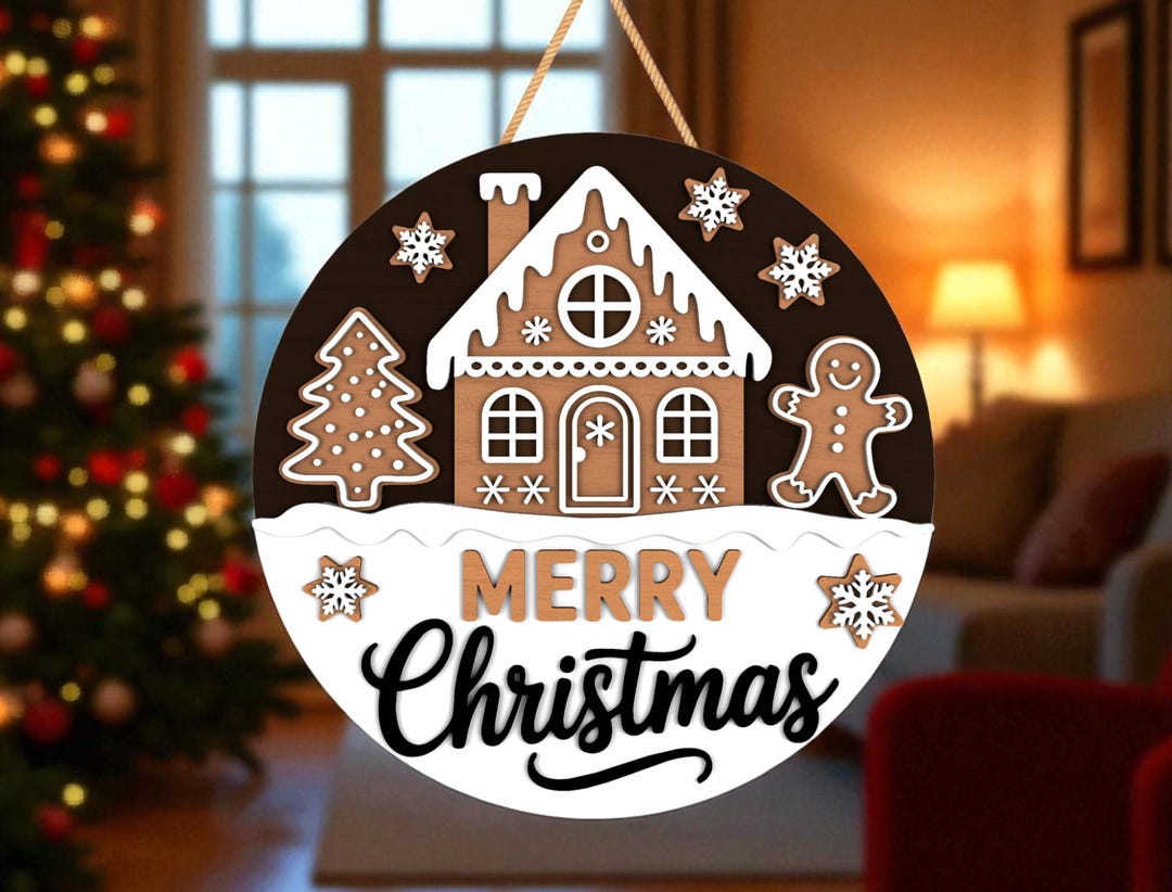 Gingerbread Merry Christmas Door Hanger Svg, Holiday Porch Sign Svg ...