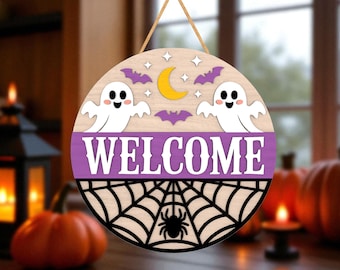 Halloween Door Hanger Laser Cut File Svg, Welcome Ghost Sign Svg, Cute Ghosts Moon and Spider Web Round Svg, Spooky Front Door Decoration