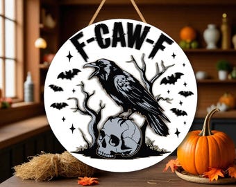 Crow Skull Halloween Sign SVG, Gothic Raven Wooden Round Ornament Laser Cut File, Spooky Creepy Decoration Digital Download