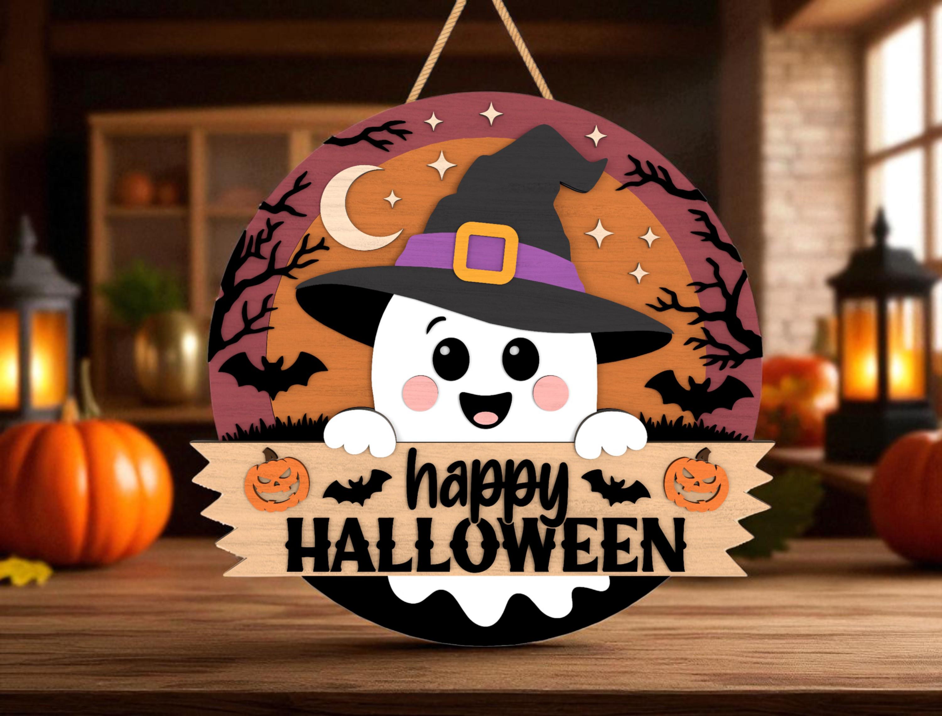 Happy Halloween Door Hanger Cut File Svg, Cute Ghost Witch Sign Svg ...